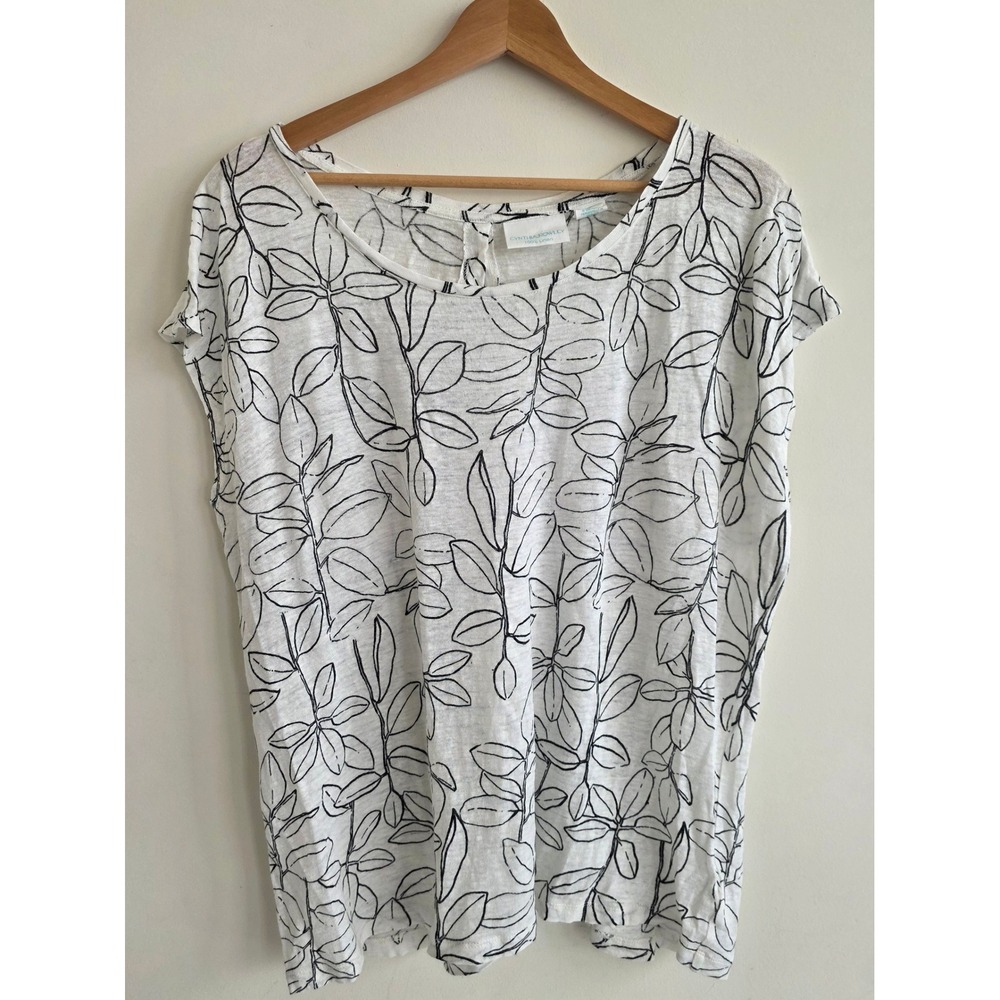 Cynthia Rowley Linen Top Women XL White Black Leaf Print Button Back Cap Sleeve